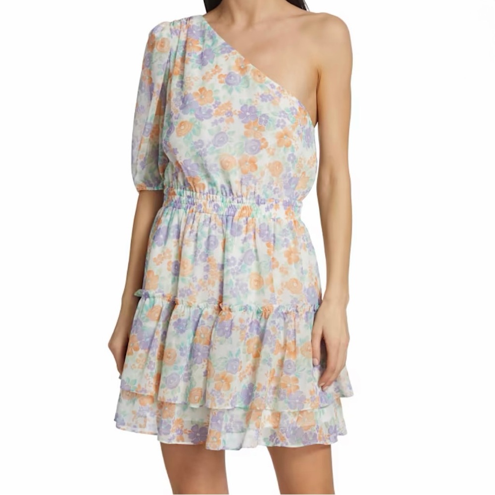 NWT Wayf One-Shoulder Pastel Floral Tiered Dress - White with Orange & Lavender